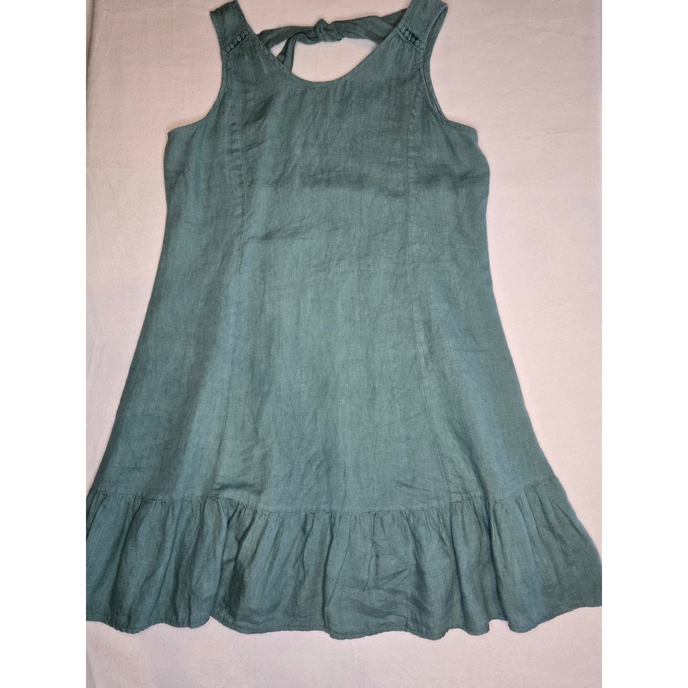Terzo Millennio Italy 100% Linen Ruffle Hem Tie Back Dress Sage Green Womens M - Picture 2 of 10